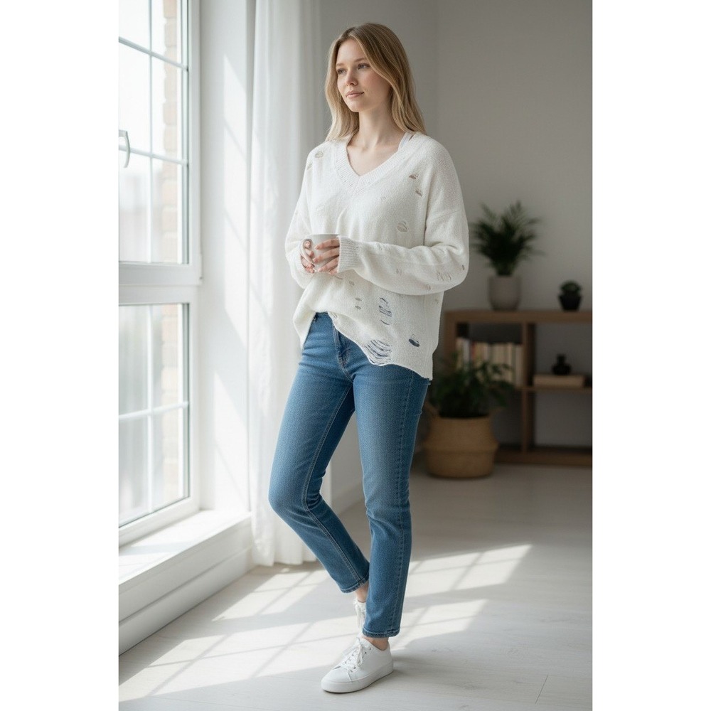 ASOS Sweater Womens Size 2 Cream Distressed V Neck Long Sleeve Knit Pullover